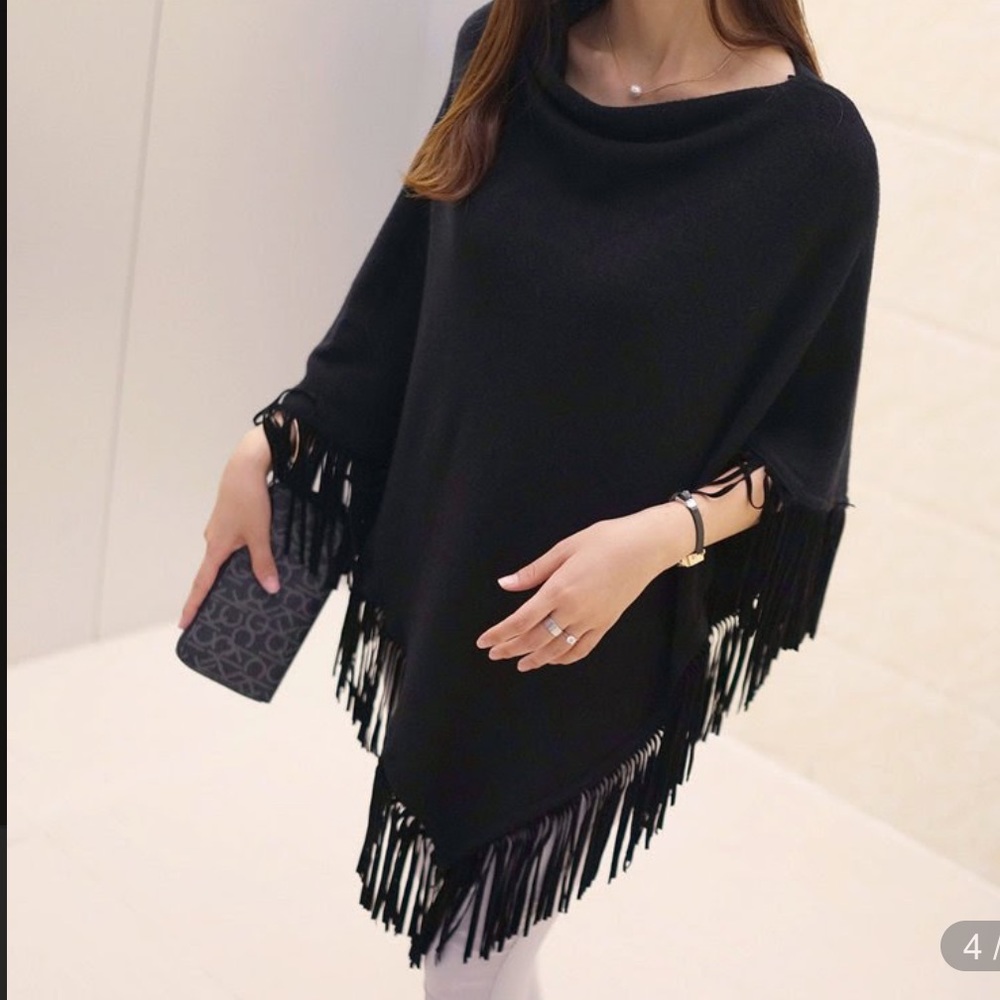 Kokomo, BLACK fringe pancho top